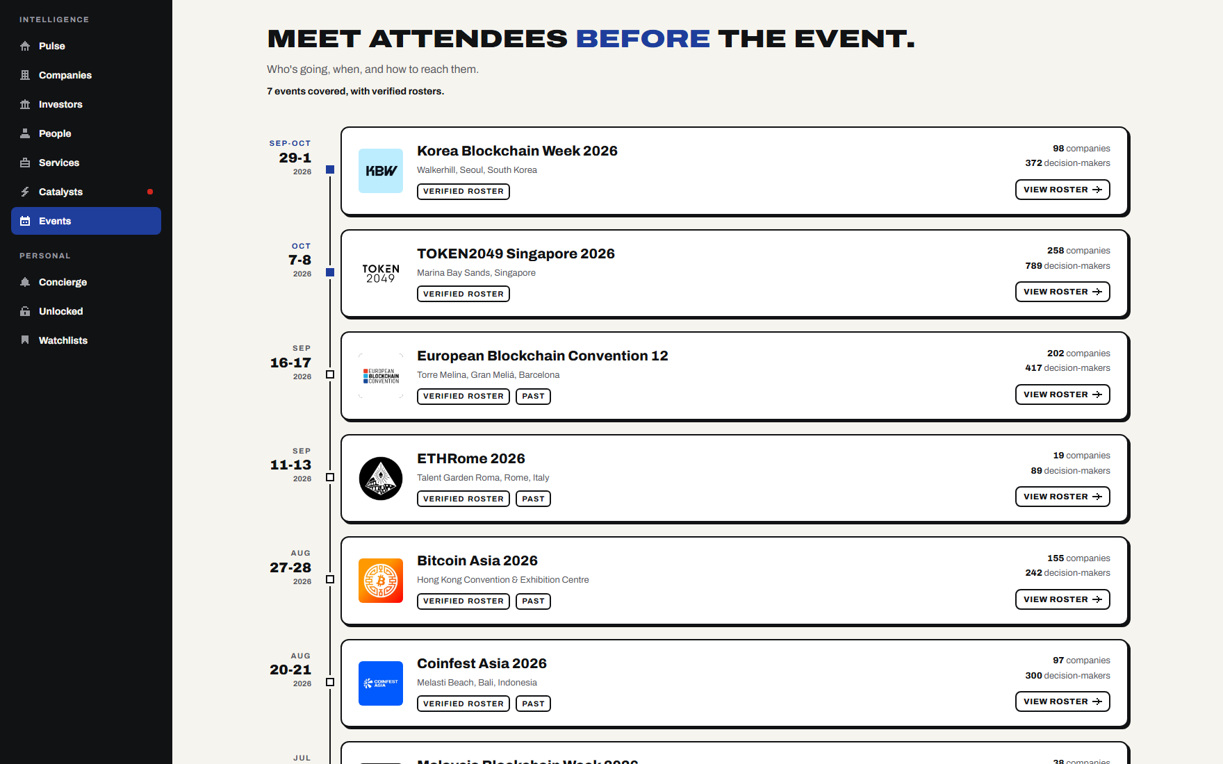 The NAUT events list, each event showing its dates, venue and roster size