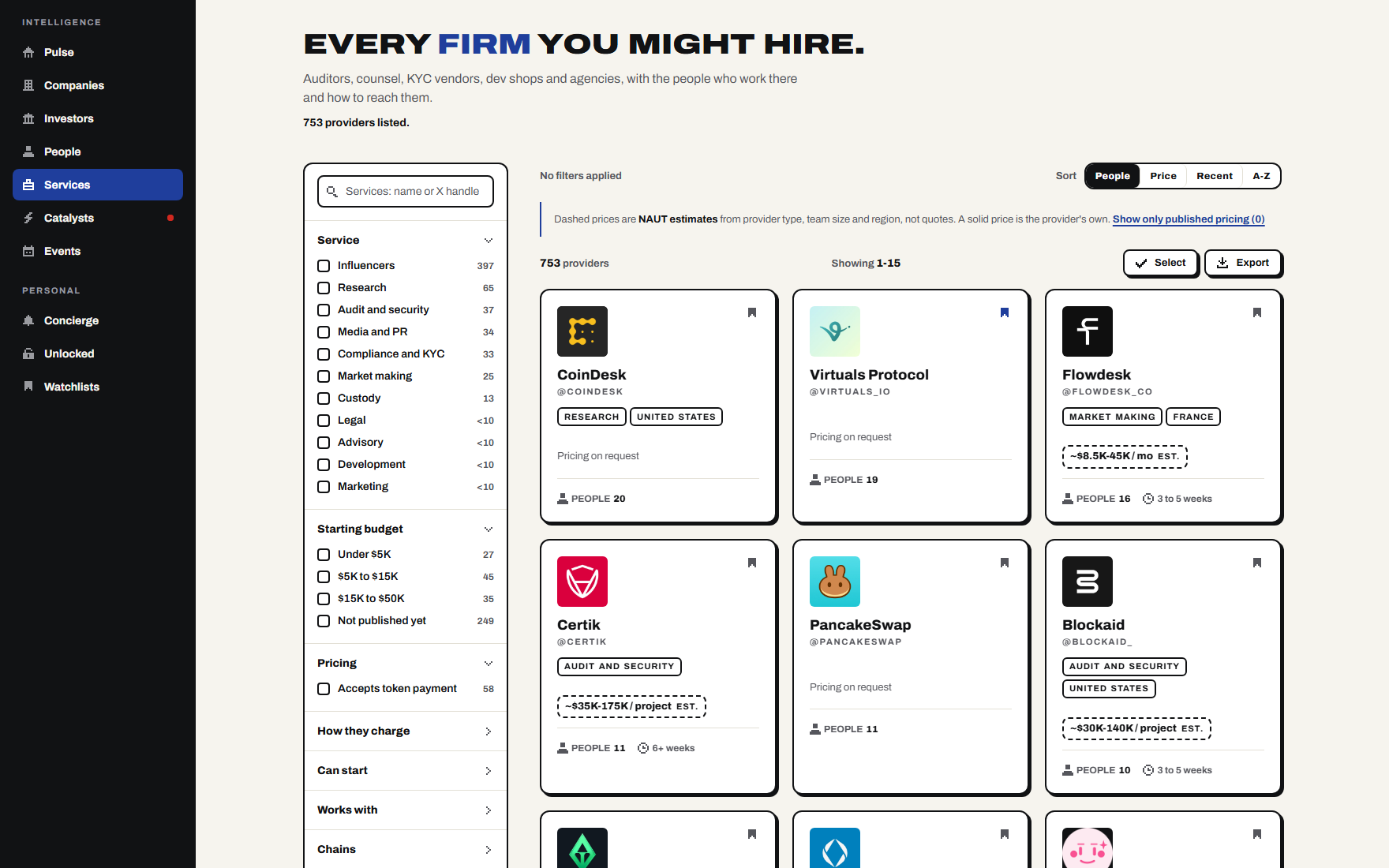 The Services directory with the type filter open